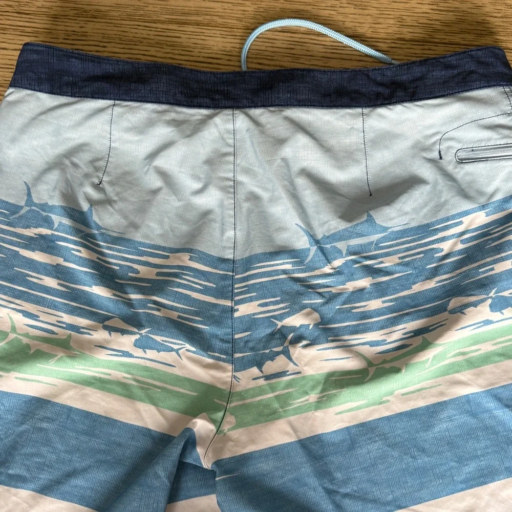 Vineyard Vines Mens Blue Marlin Shark Stripe Board Shorts Swim Trunks Size 36